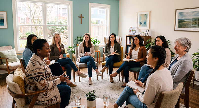 Women in a support group at a community resource center, compassionate support like that available at Hope House Women's Clinic in Moultrie, GA.